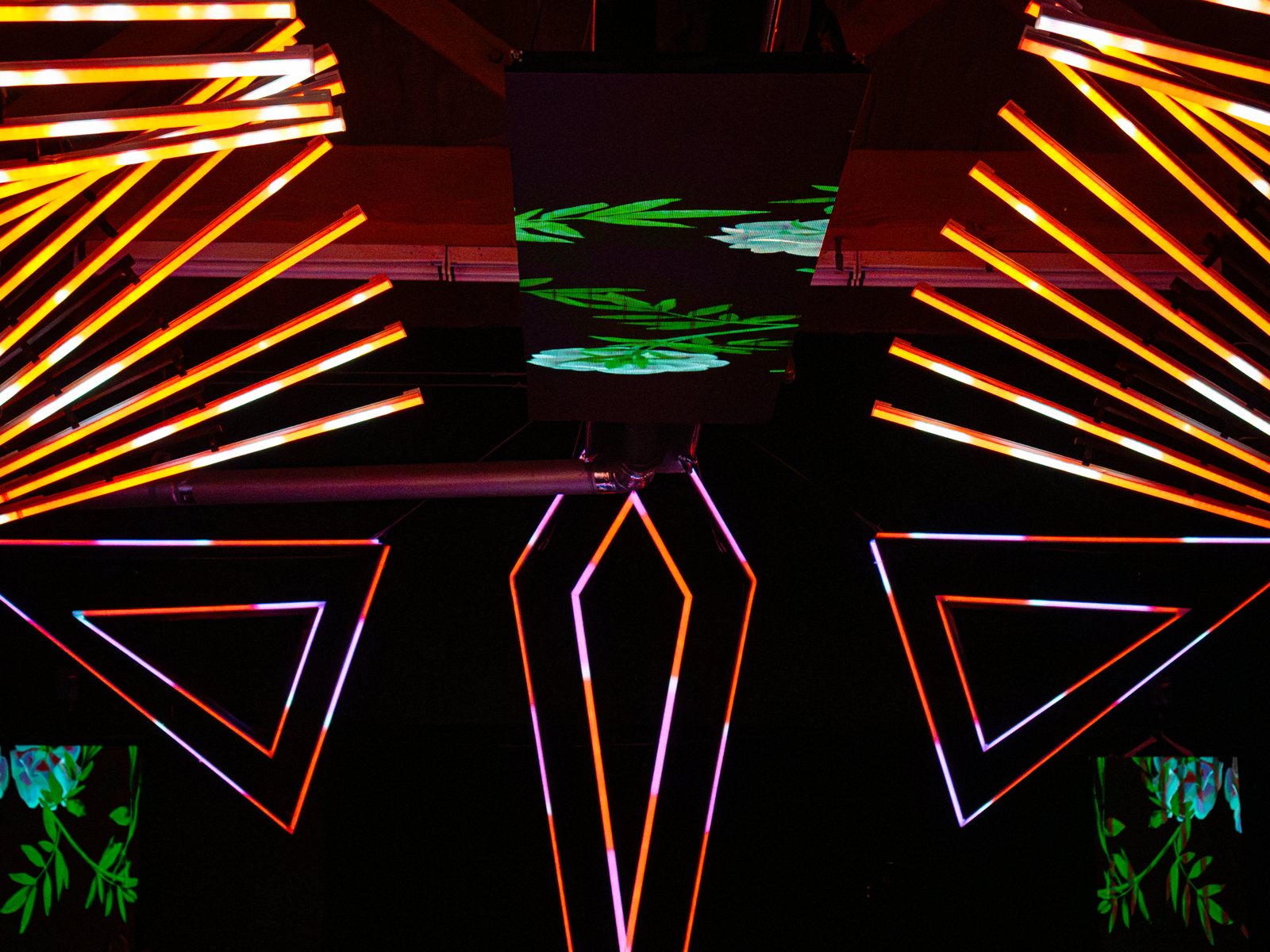 Close-up of the geometric LED installation designed and built by CINEMAGIC